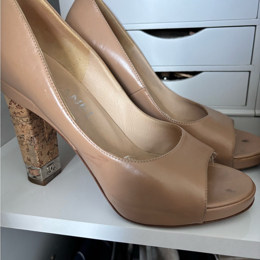 CHANEL Beige Peep-Toe Heels with Cork Detail